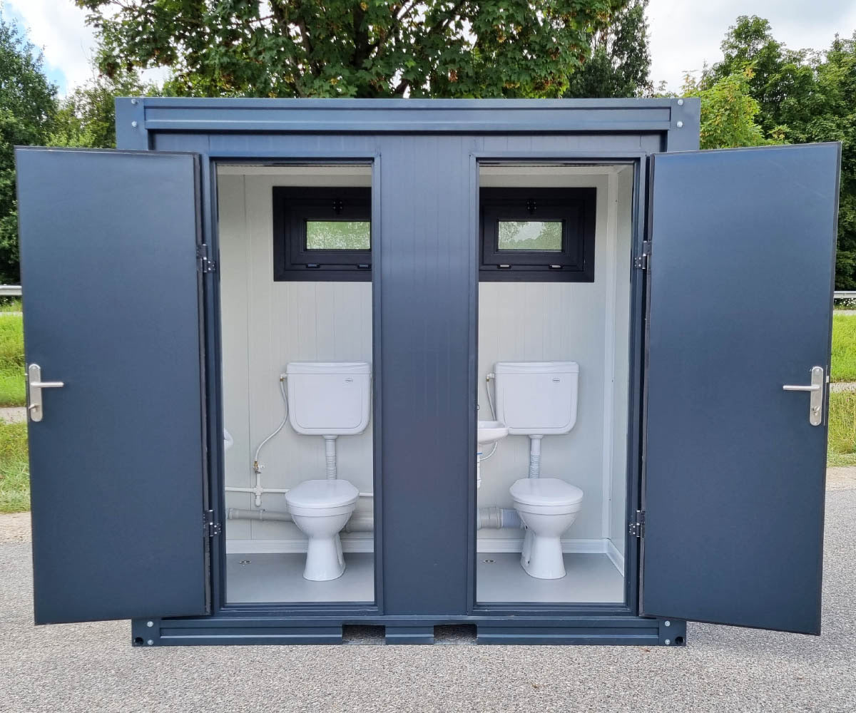 Contenedor sanitario nuevo de 2,40 × 1,20 m con doble cabina independiente