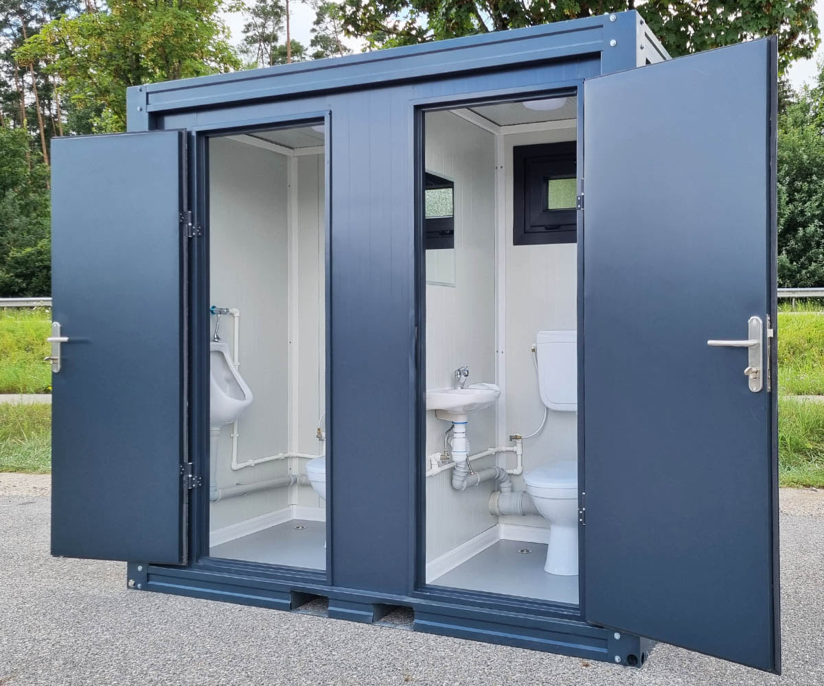Contenedor sanitario nuevo de 2,40 × 1,20 m con doble cabina independiente
