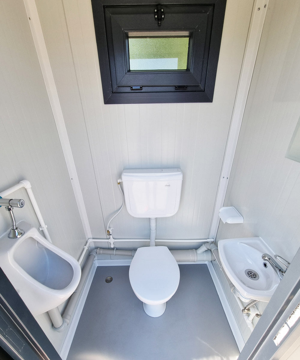 Contenedor sanitario nuevo de 2,40 × 1,20 m con doble cabina independiente